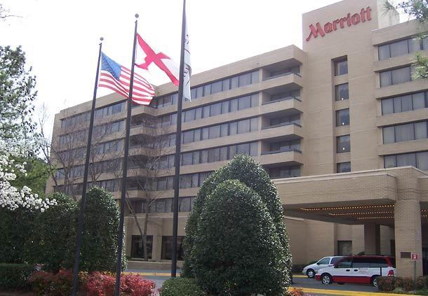 Daytime exterior view of the Huntsville Marriott at the Space and Rocket Center.