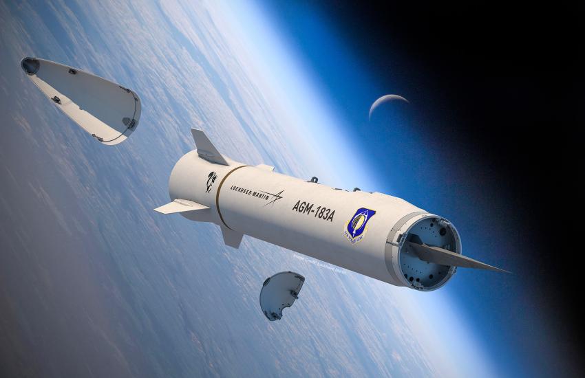 Lockheed Martin's ARRW floats through space in the foreground while Earth looms in the background.