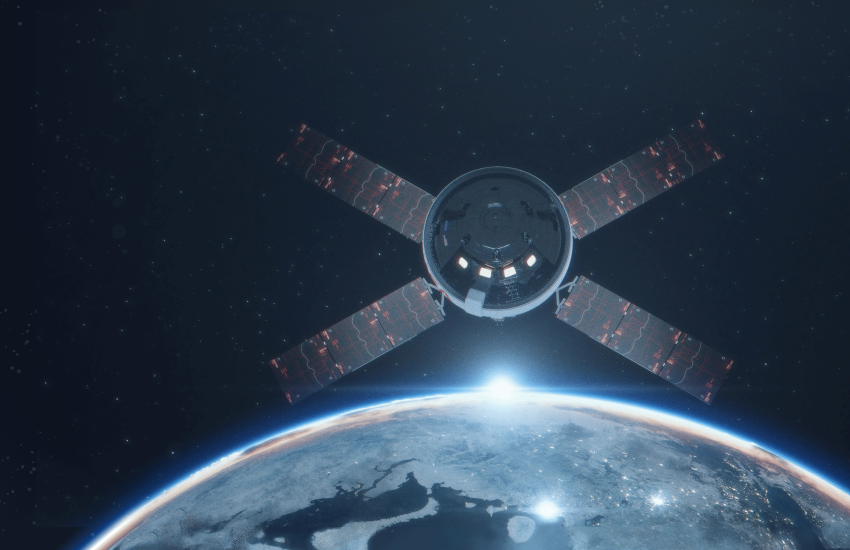 Orion craft travels in space while a planet that appears to be the Earth looms below it in the background. The sun appears to be cresting over the planet. 